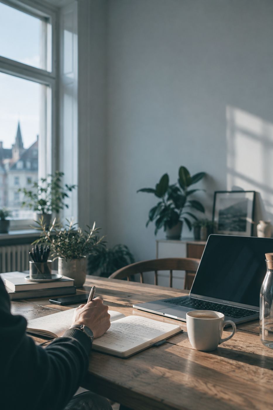 Laptop am Küchentisch, Kaffee, Notizbuch mit Zahlen, Morgenlicht