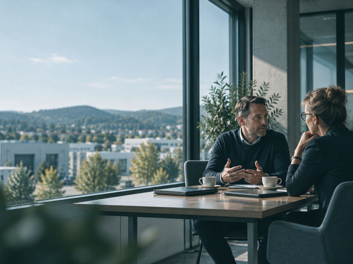Gespräch im Büro eines Unternehmers mit Blick auf das Firmengelände